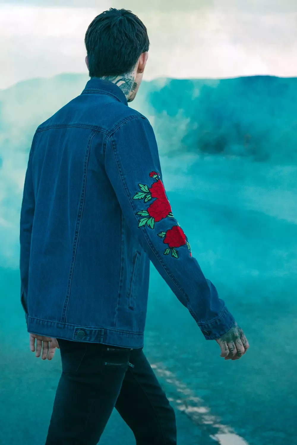 Mens denim clearance jacket with roses